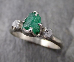 Emerald Engagement rough diamond gemstone Ring 14k white Gold Multi stone Wedding Ring Uncut Birthstone Stacking Rough Diamond 1300 - by Angeline