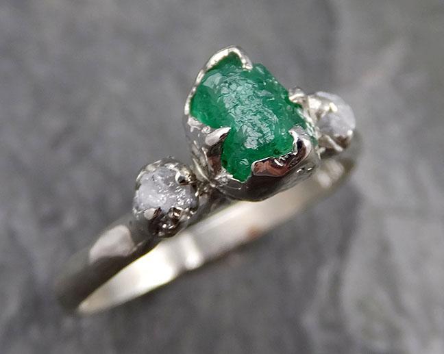 Emerald Engagement rough diamond gemstone Ring 14k white Gold Multi stone Wedding Ring Uncut Birthstone Stacking Rough Diamond 1300 - by Angeline
