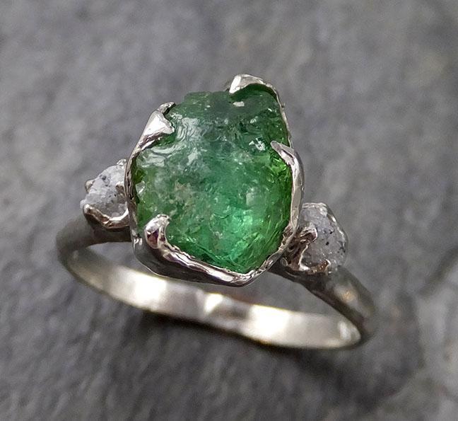 Raw Green Tourmaline Diamond White Gold Engagement Ring Wedding Ring One Of a Kind Gemstone Ring Bespoke Multi stone Ring 1301 - by Angeline