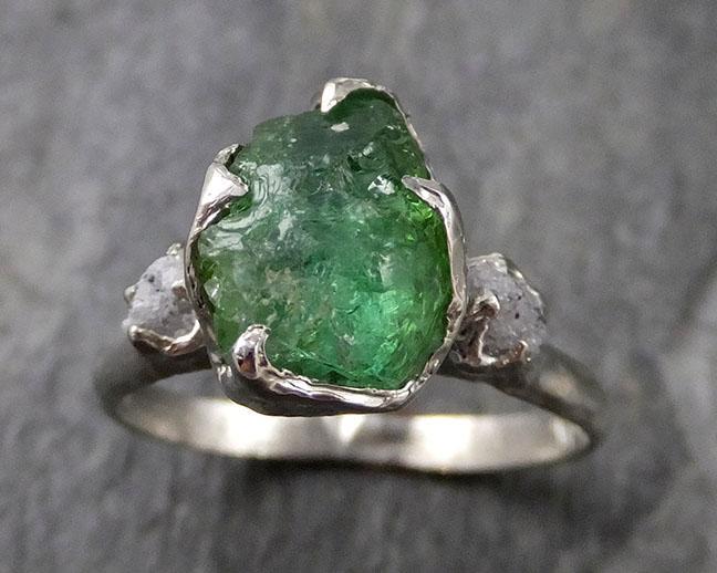 Raw Green Tourmaline Diamond White Gold Engagement Ring Wedding Ring One Of a Kind Gemstone Ring Bespoke Multi stone Ring 1301 - by Angeline