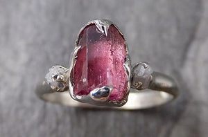 Raw Pink Tourmaline Diamond 14k white Gold Engagement Ring Wedding ring Gemstone Ring Multi stone Ring byAngeline 1303 - by Angeline