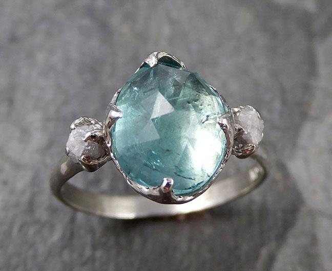 Green Fancy cut Tourmaline rough Diamond Multi stone White Gold Gemstone tourmaline recycled 14k Engagement Wedding Ring 1309 - by Angeline