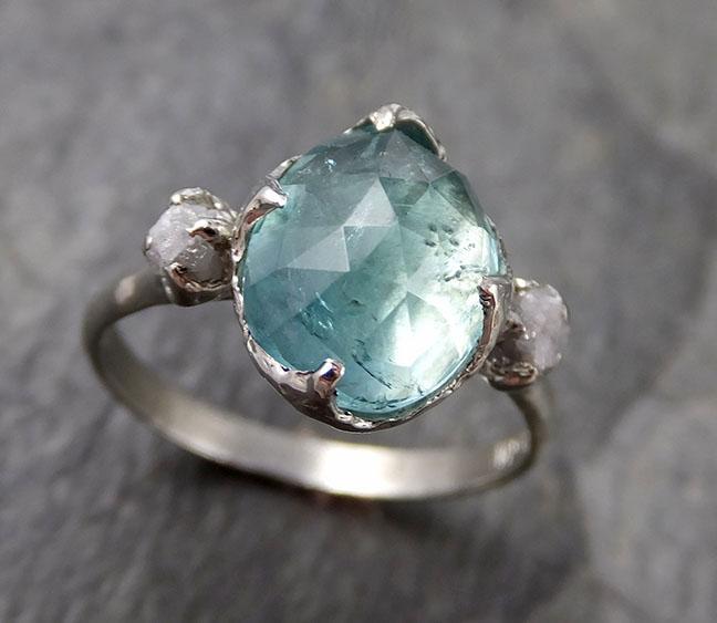 Green Fancy cut Tourmaline rough Diamond Multi stone White Gold Gemstone tourmaline recycled 14k Engagement Wedding Ring 1309 - by Angeline