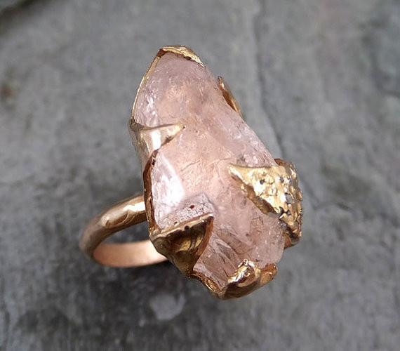Raw Rough Morganite Diamond 14k Rose gold Ring Gold Pink Gemstone Cocktail Ring Statement Ring Raw gemstone Jewelry - by Angeline
