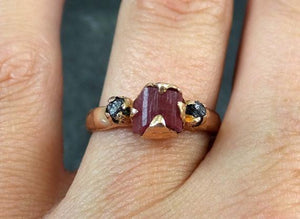 Raw Hot Pink Tourmaline Diamond 14k Rose Gold Engagement Ring Wedding Ring One Of a Kind Gemstone Ring Bespoke Three stone Ring - by Angeline