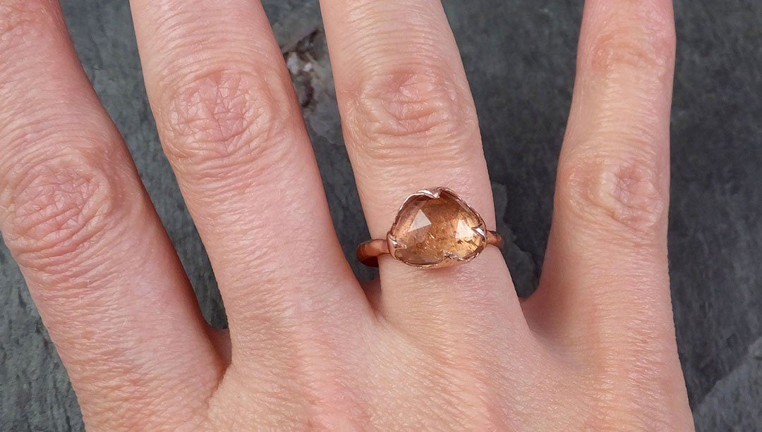 Fancy cut Peach Tourmaline Rose Gold Ring Gemstone Solitaire recycled 14k statement cocktail statement 1325 - by Angeline
