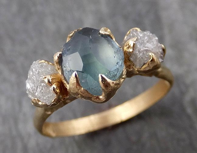 Partially Faceted Montana Sapphire Raw Multi stone Rough Diamond 14k Yellow Gold Engagement Ring Wedding Ring Custom One Of a Kind blue Gemstone Ring 0928 - by Angeline