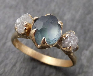 Partially Faceted Montana Sapphire Raw Multi stone Rough Diamond 14k Yellow Gold Engagement Ring Wedding Ring Custom One Of a Kind blue Gemstone Ring 0928 - by Angeline