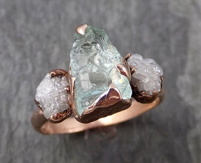 Aquamarine Diamond Raw Uncut rose 14k Gold Engagement Ring Multi stone Wedding Ring Custom One Of a Kind Gemstone Bespoke Three stone Ring byAngeline 0934 - by Angeline