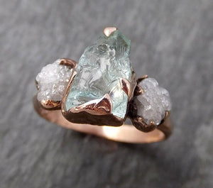 Aquamarine Diamond Raw Uncut rose 14k Gold Engagement Ring Multi stone Wedding Ring Custom One Of a Kind Gemstone Bespoke Three stone Ring byAngeline 0934 - by Angeline