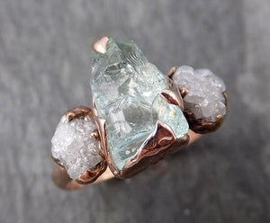 Aquamarine Diamond Raw Uncut rose 14k Gold Engagement Ring Multi stone Wedding Ring Custom One Of a Kind Gemstone Bespoke Three stone Ring byAngeline 0934 - by Angeline