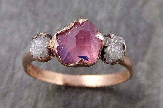 Sapphire Partially Faceted Raw Multi stone Rough Diamond 14k rose Gold Engagement Ring Wedding Ring Custom One Of a Kind Gemstone Ring 0935 - by Angeline