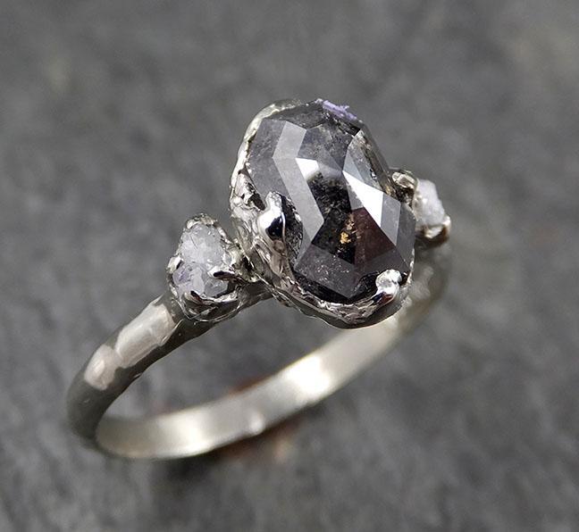 Faceted Fancy cut Salt and pepper Diamond Engagement 18k White Gold Multi stone Wedding Ring Rough Diamond Ring byAngeline 1364 - by Angeline