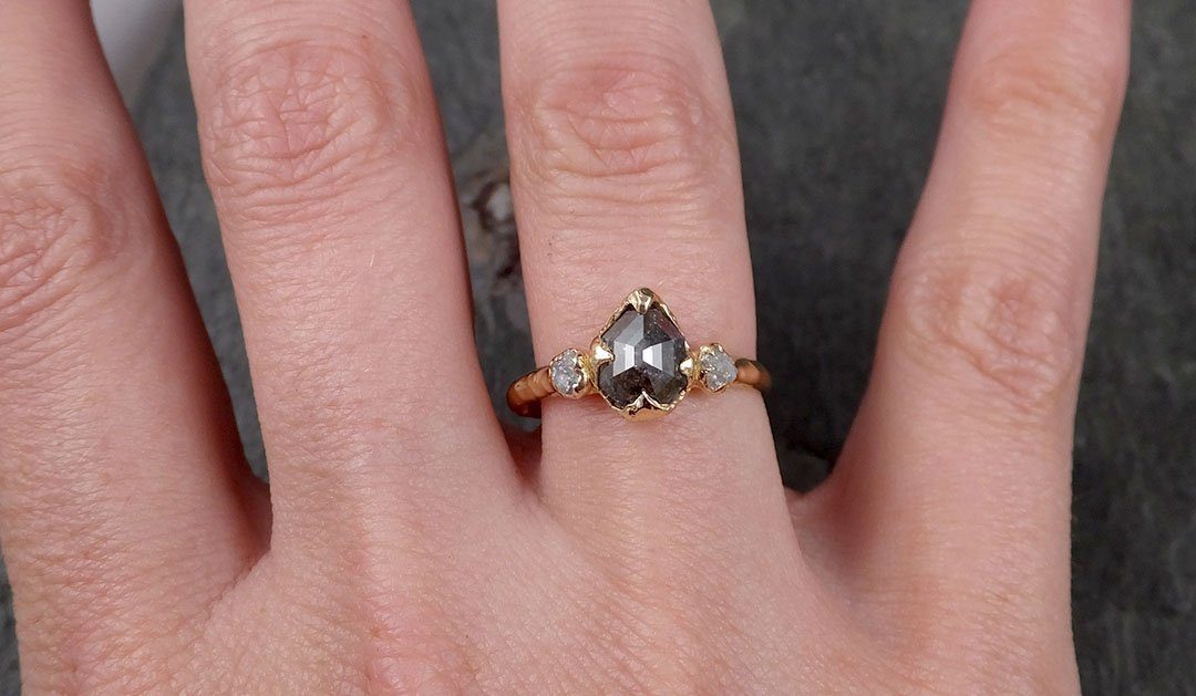 Fancy cut salt and pepper Diamond Engagement 14k Yellow Gold Multi stone Wedding Ring Stacking Rough Diamond Ring byAngeline 1412 - by Angeline