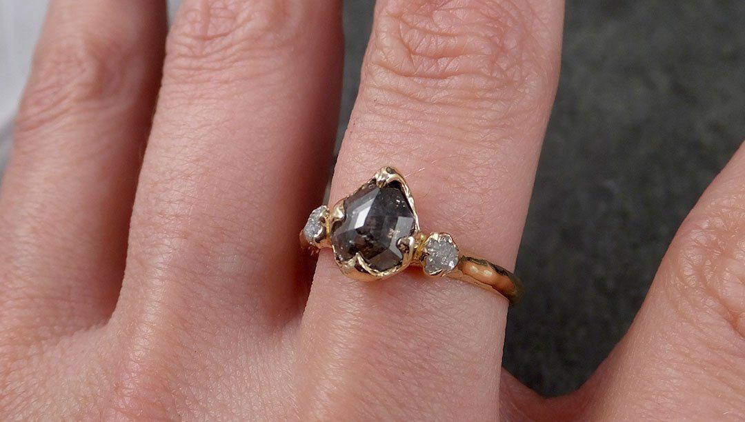 Fancy cut salt and pepper Diamond Engagement 14k Yellow Gold Multi stone Wedding Ring Stacking Rough Diamond Ring byAngeline 1412 - by Angeline