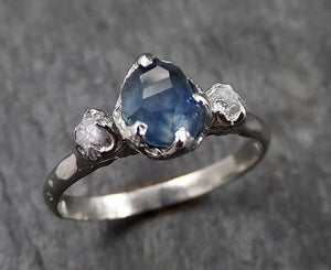 Partially faceted Montana Sapphire Diamond 14k White Gold Engagement Ring Wedding Ring Custom One Of a Kind blue Gemstone Ring Multi stone Ring 1420 - by Angeline