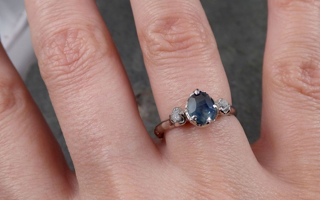 Partially faceted Montana Sapphire Diamond 14k White Gold Engagement Ring Wedding Ring Custom One Of a Kind blue Gemstone Ring Multi stone Ring 1420 - by Angeline