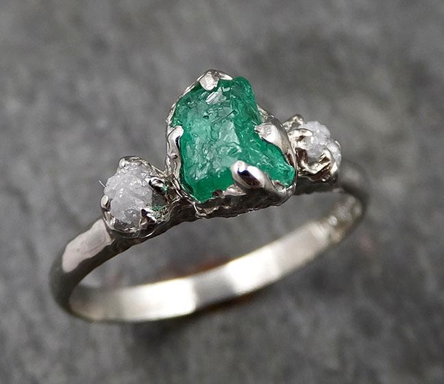Diamond Emerald Engagement Ring 14k Multi stone white Gold Wedding Ring Uncut Birthstone Stacking Rough Diamond Ring byAngeline 1421 - by Angeline