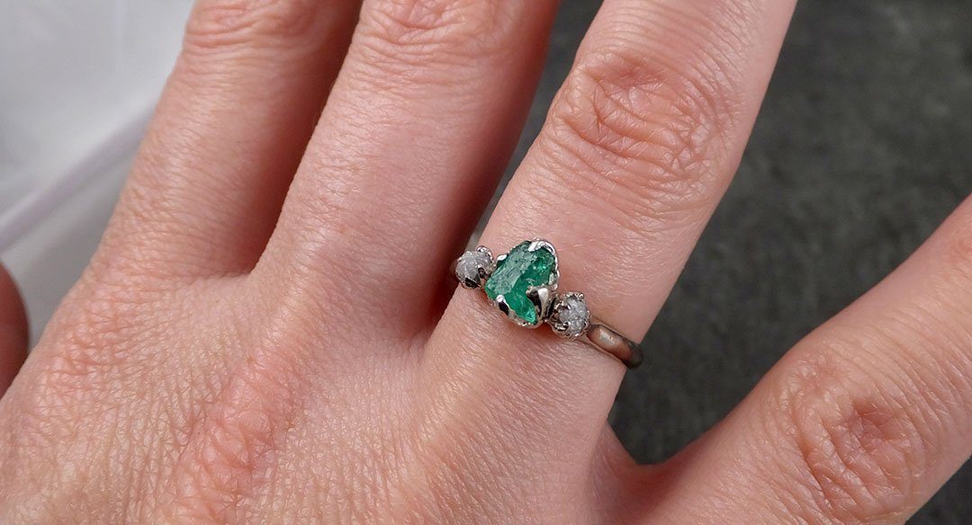 Diamond Emerald Engagement Ring 14k Multi stone white Gold Wedding Ring Uncut Birthstone Stacking Rough Diamond Ring byAngeline 1421 - by Angeline
