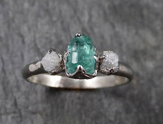 Diamond Emerald Engagement Ring 14k Multi stone white Gold Wedding Ring Uncut Birthstone Stacking Rough Diamond Ring byAngeline 1422 - by Angeline