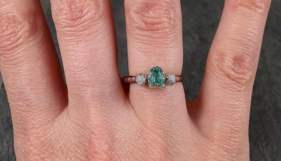 Diamond Emerald Engagement Ring 14k Multi stone white Gold Wedding Ring Uncut Birthstone Stacking Rough Diamond Ring byAngeline 1422 - by Angeline