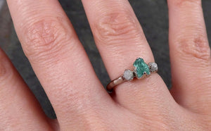 Diamond Emerald Engagement Ring 14k Multi stone white Gold Wedding Ring Uncut Birthstone Stacking Rough Diamond Ring byAngeline 1422 - by Angeline