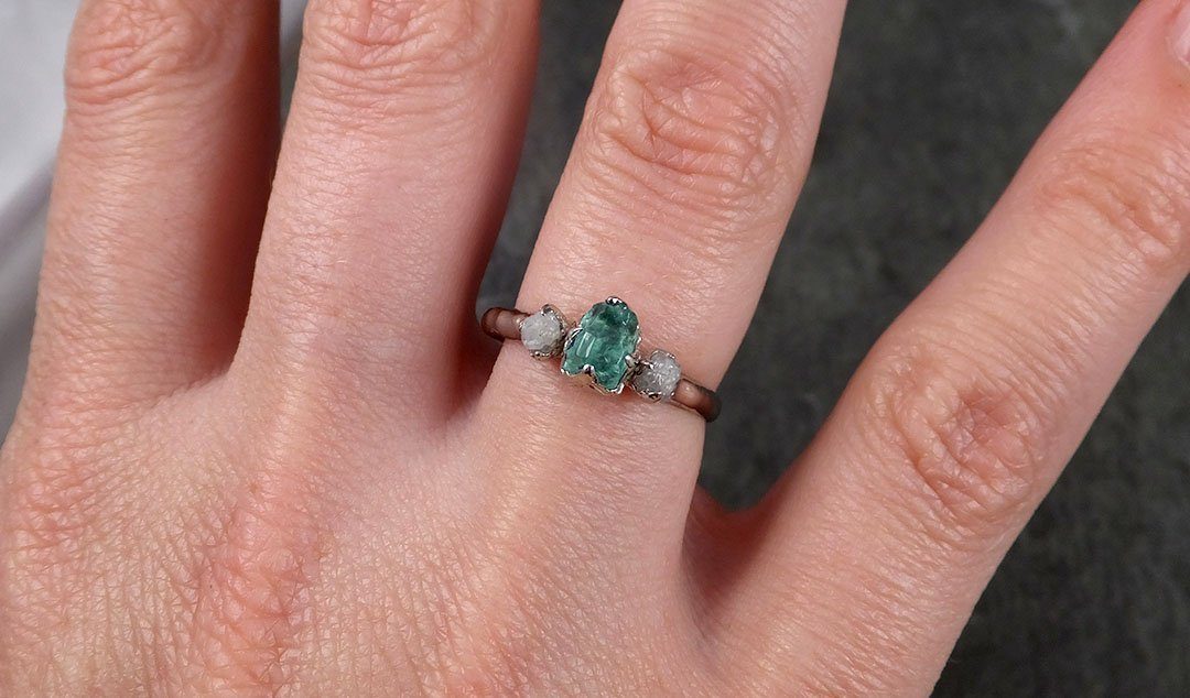 Diamond Emerald Engagement Ring 14k Multi stone white Gold Wedding Ring Uncut Birthstone Stacking Rough Diamond Ring byAngeline 1422 - by Angeline