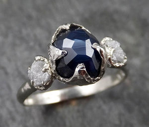 Partially faceted Sapphire Diamond 14k White Gold Engagement Ring Wedding Ring Custom One Of a Kind blue Gemstone Ring Multi stone Ring 1423 - by Angeline
