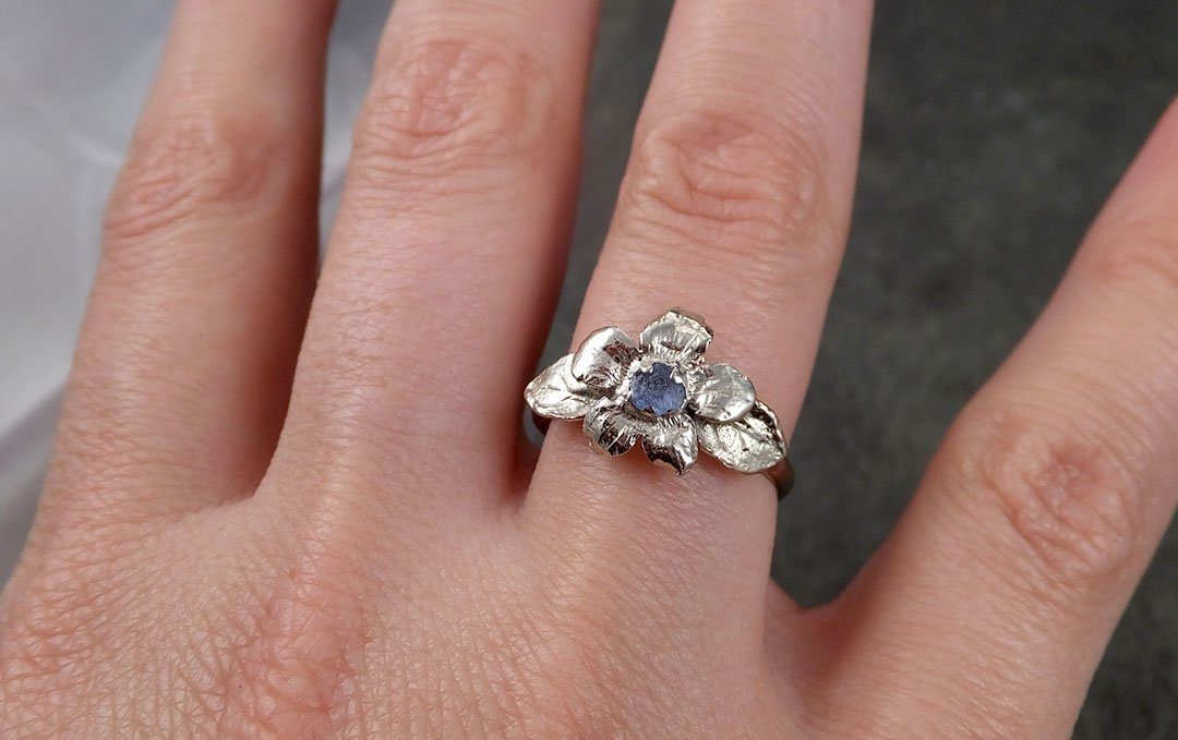 Real Flower Raw Sapphire 14k White gold wedding engagement ring Enchanted Garden Floral Ring byAngeline 1425 - by Angeline
