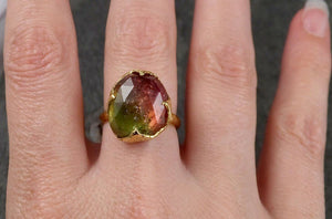 Fancy cut Watermelon Tourmaline Yellow Gold Ring Gemstone Solitaire recycled 18k statement cocktail statement 1432 - by Angeline
