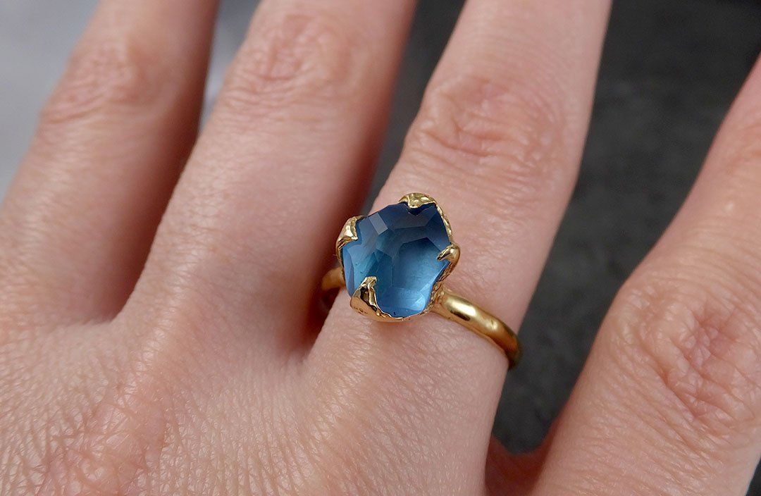 Partially faceted Blue Topaz 18k yellow Gold Engagement Solitaire Ring Wedding Ring One Of a Kind Gemstone Ring 1435 - by Angeline
