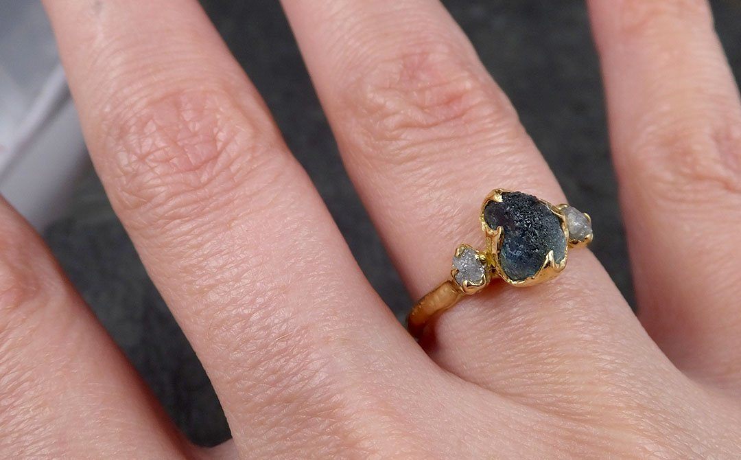 Raw Montana Sapphire Diamond Yellow 18k Gold Engagement Ring Wedding Ring Custom One Of a Kind Gemstone Multi stone Ring 1436 - by Angeline