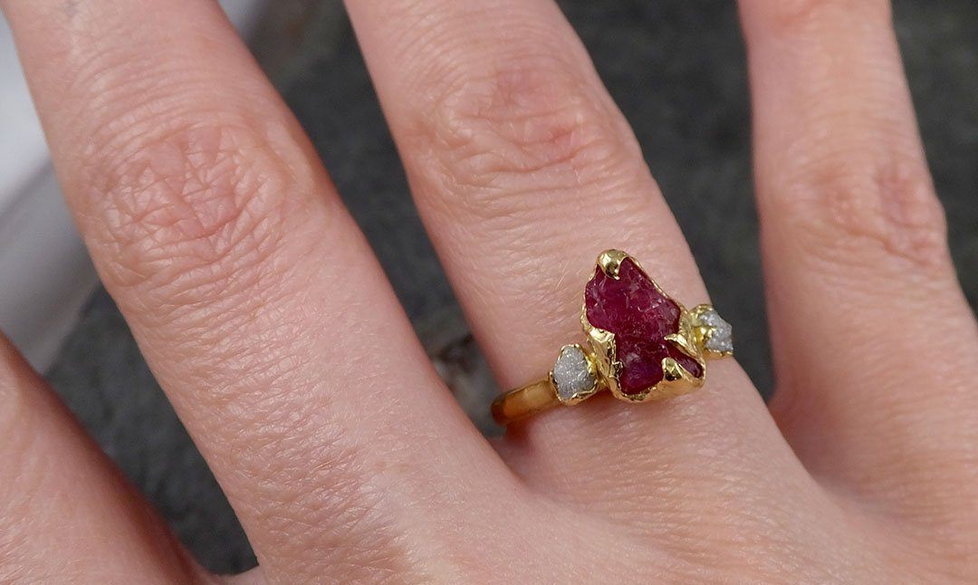 Raw Rough Ruby Diamond Engagement Ring 14k yellow gold red Gemstone Engagement birthstone Right Hand Ring Multi Stone byAngeline 1439 - by Angeline