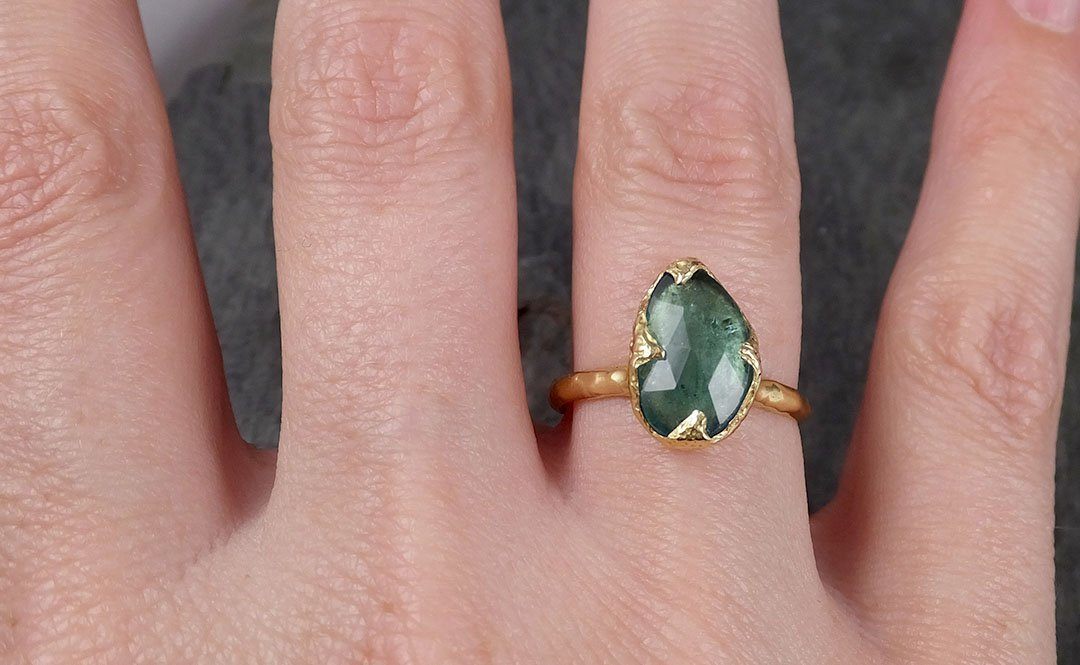 Fancy cut Blue Tourmaline Yellow Gold Ring Gemstone Solitaire recycled 18k statement cocktail statement 1442 - by Angeline