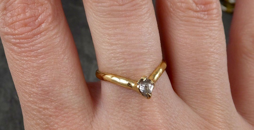 Fancy cut Chevron stacking Dainty White Diamond Solitaire Engagement 18k yellow Gold Wedding Ring byAngeline 1443 - by Angeline