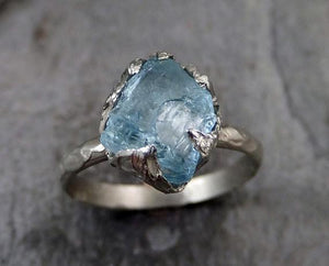 Raw Uncut Aquamarine Ring Solid 14K White Gold Ring wedding engagement Rough Gemstone Ring Statement Ring Stacking Cocktail Ring - by Angeline