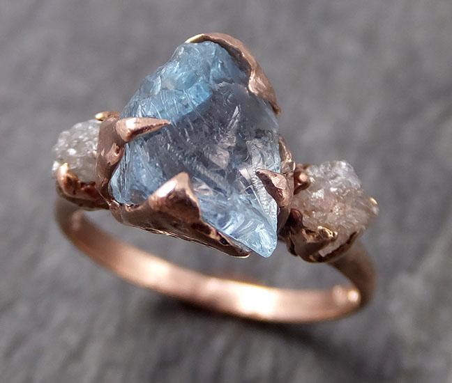 Raw Uncut Aquamarine Diamond rose Gold Engagement Ring Multi stone Wedding 14k Ring Custom One Of a Kind Gemstone Bespoke Three stone Ring byAngeline 0940 - by Angeline