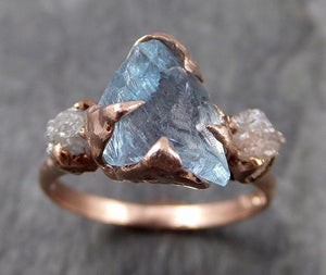 Raw Uncut Aquamarine Diamond rose Gold Engagement Ring Multi stone Wedding 14k Ring Custom One Of a Kind Gemstone Bespoke Three stone Ring byAngeline 0940 - by Angeline