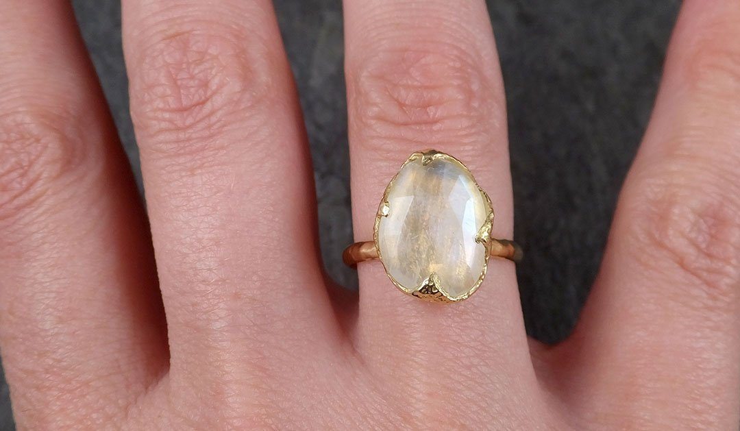 Fancy cut Moonstone Yellow Gold Ring Gemstone Solitaire recycled 18k statement cocktail statement 1444 - by Angeline