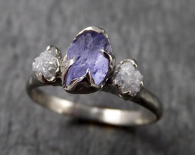 Raw Sapphire Diamond White Gold Engagement Ring Multi stone Wedding Ring Custom One Of a Kind Gemstone Ring Three stone Ring byAngeline 1451 - by Angeline