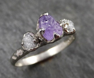 Raw Sapphire Diamond White Gold Engagement Ring Multi stone Wedding Ring Custom One Of a Kind Gemstone Ring Three stone Ring byAngeline 1452 - by Angeline