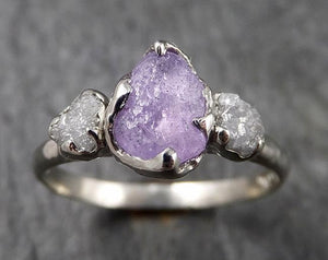 Raw Sapphire Diamond White Gold Engagement Ring Multi stone Wedding Ring Custom One Of a Kind Gemstone Ring Three stone Ring byAngeline 1453 - by Angeline