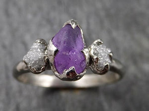 Raw Lavender Sapphire Diamond White Gold Engagement Ring Multi stone Wedding Ring Custom One Of a Kind Gemstone Ring Three stone Ring byAngeline 1454 - by Angeline
