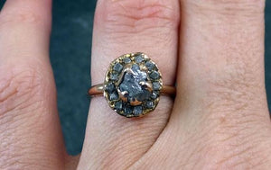 Raw Diamond Multi stone Halo Engagement Ring Rough 18k Yellow Gold Wedding Ring diamond Stacking Ring Rough Diamond Ring 0039 - by Angeline