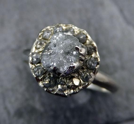 Raw Diamond Halo Multi stone Engagement Ring Rough 14k White Gold Wedding Ring diamond Stacking Ring Rough Diamond 0089 - by Angeline