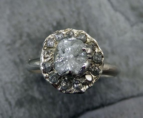Raw Diamond Halo Multi stone Engagement Ring Rough 14k White Gold Wedding Ring diamond Stacking Ring Rough Diamond 0089 - by Angeline