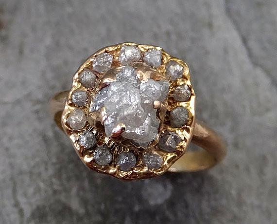 Raw Diamond Halo Multi stone Engagement Ring Rough 18k Yellow Gold Wedding Ring diamond Stacking Ring Rough Diamond Ring 0040 - by Angeline