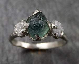 Raw Sapphire Diamond White Gold Engagement Ring Green Multi stone Wedding Ring Custom Gemstone Ring Three stone Ring byAngeline 1478 - by Angeline