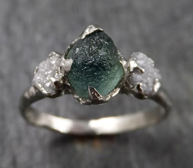Raw Sapphire Diamond White Gold Engagement Ring Green Multi stone Wedding Ring Custom Gemstone Ring Three stone Ring byAngeline 1478 - by Angeline
