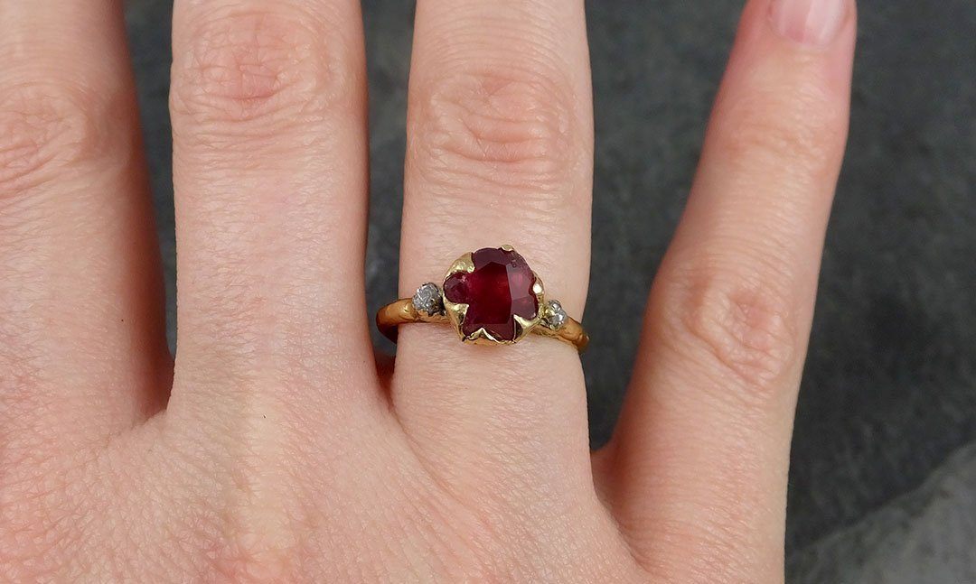 Partially Faceted Ruby/Sapphire Multi stone 18k yellow Gold Engagement Ring Wedding Ring Custom One Of a Kind Gemstone Ring 0948 - by Angeline